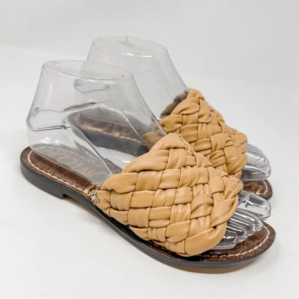NEW Sam Edelman Griffin Tan Leather Woven Slide Sandals, Size 5, MSRP $126